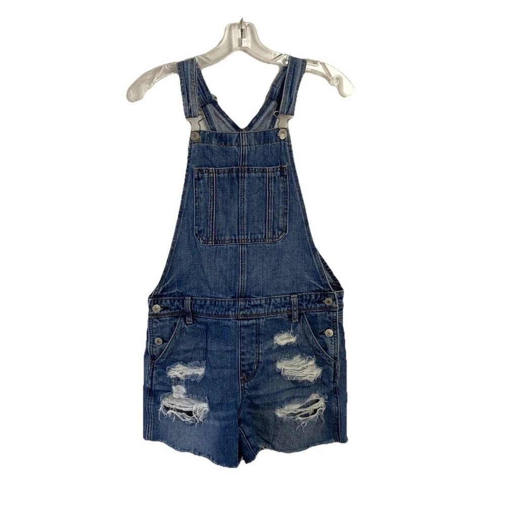 American Eagle Womens Jr Tomgirl Shortalls Sz S Bib Shorts Jeans Blue Distressed